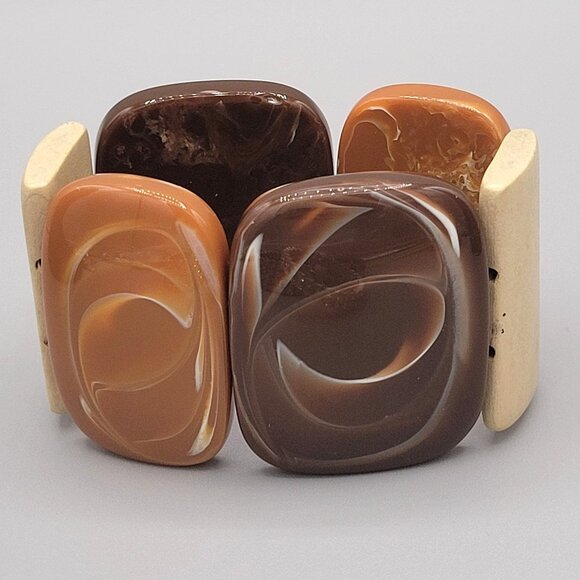 Chunky Brown Beige Stretch Bracelet With Large Oval Resin Marbled Beads - Picture 1 of 6